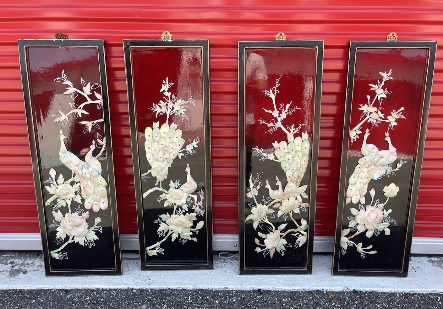 Set of 4 Vintage Mother of Pearl Horse Panels Dark Red Lacquer Asian Wall Art