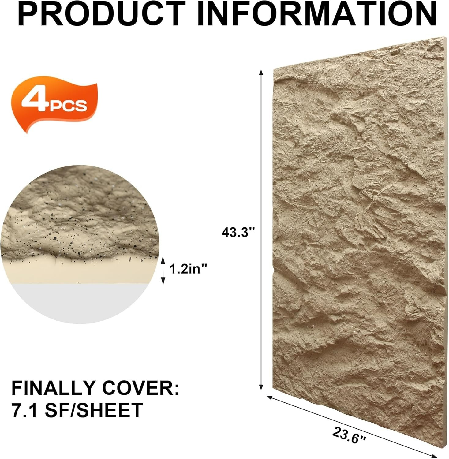 4 PCS 3D Faux Stone Wall Panels -Golden Hemp Cement Texture Wainscoting Decor