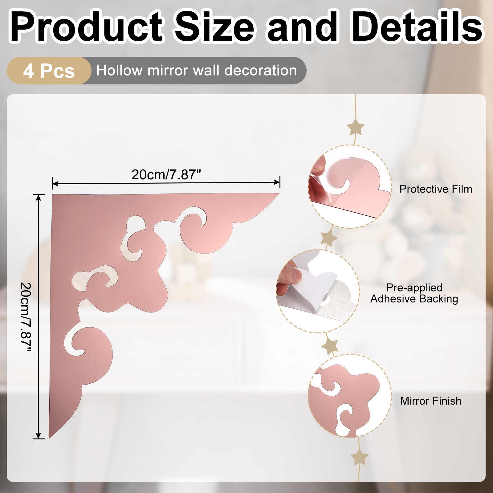 4Pcs Corner Decorative Pattern Hollow Mirror Wall Stickers(Rose Gold, 7.9×7.9")