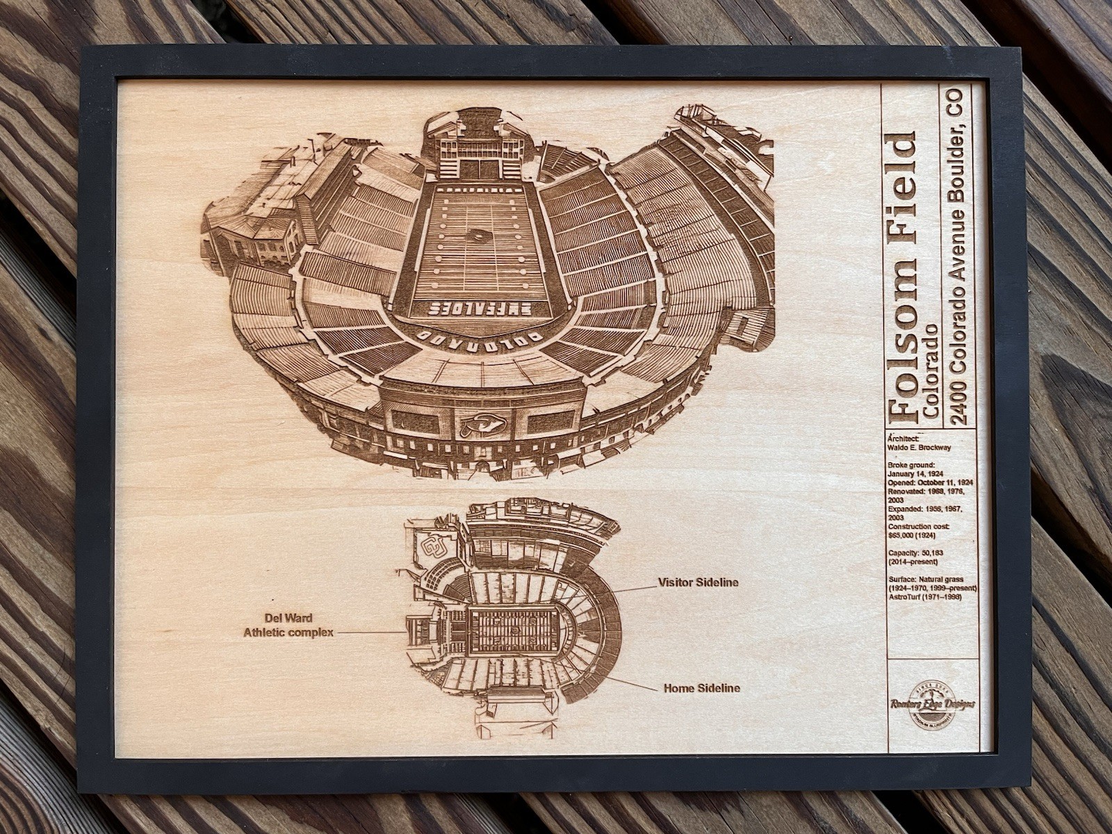 Folsom Field Boulder, Colorado Wood Engraved Blueprint