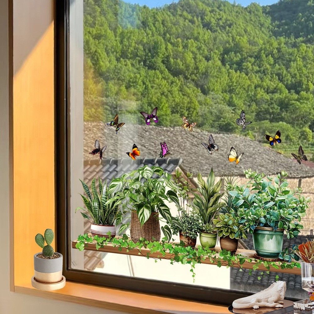 Glass Window Stickers with Realistic Green Leaves and Butterflies 60x50cm