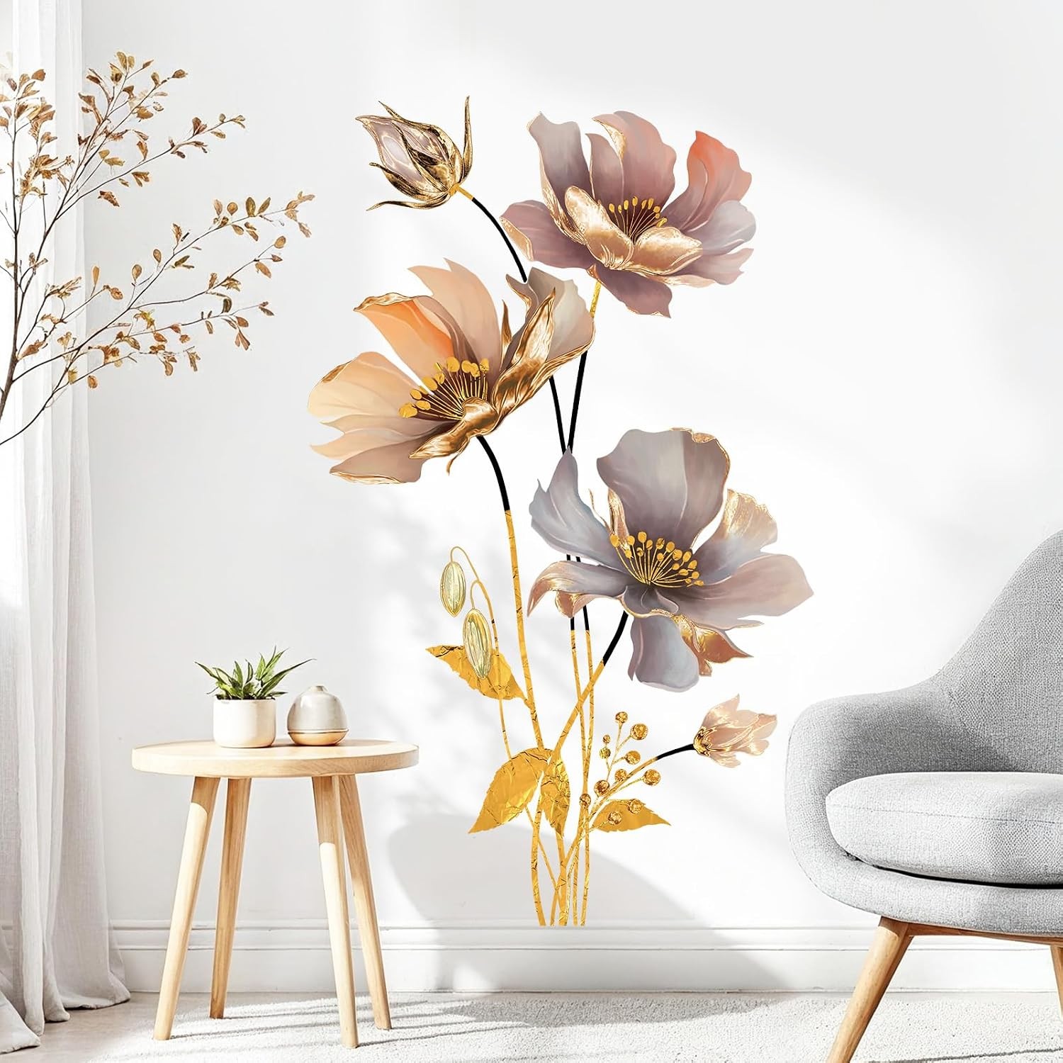Blue Floral Gold Leaf Wall Decals Stickers for Living Room Bedroom Home Decor