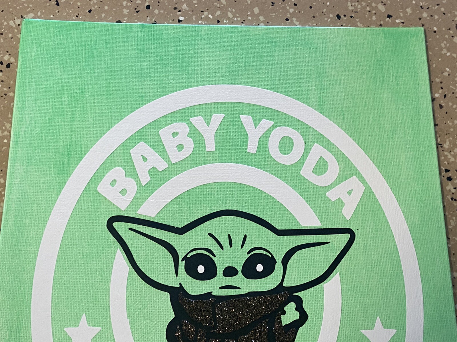 Handcrafted Star Wars Baby Yoda Coffee Vinyl On Canvas 9×12 Signed Artwork A