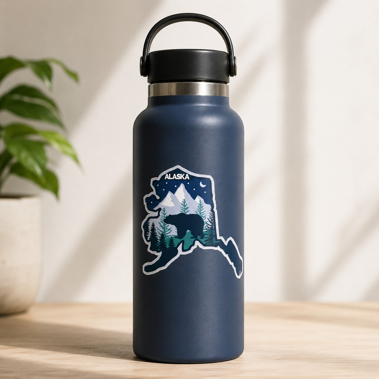 Alaska Vinyl Sticker 4×3.5in – Waterproof with Night Sky Bear and Mountains