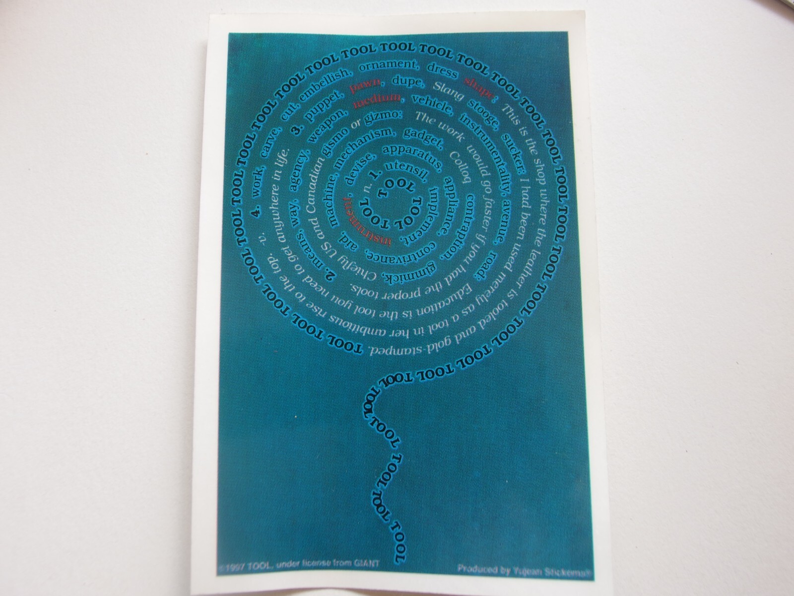 🌀 Vintage Tool Spiral Words Sticker 1997 Yujean 4.375×6.375” Rare Alt Rock Band