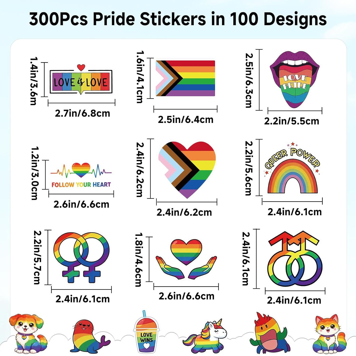 300Pcs Pride Stickers LGBTQ Pride Stickers Rainbow Vinyl Decals Pride Celebrate