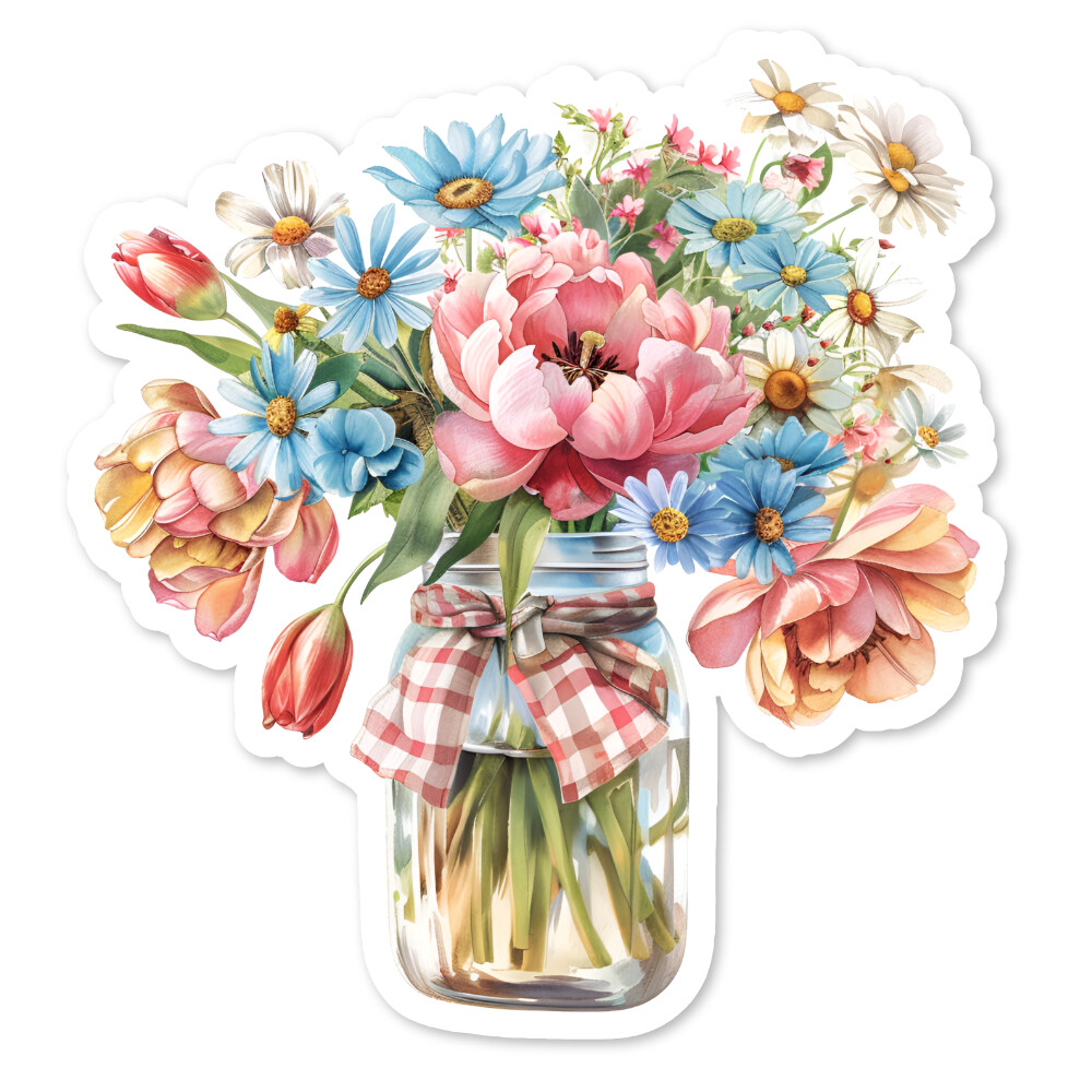 Jar of Flowers Vinyl Sticker, Water Resistant, Scrapbooking, Laptop, 2 Sizes