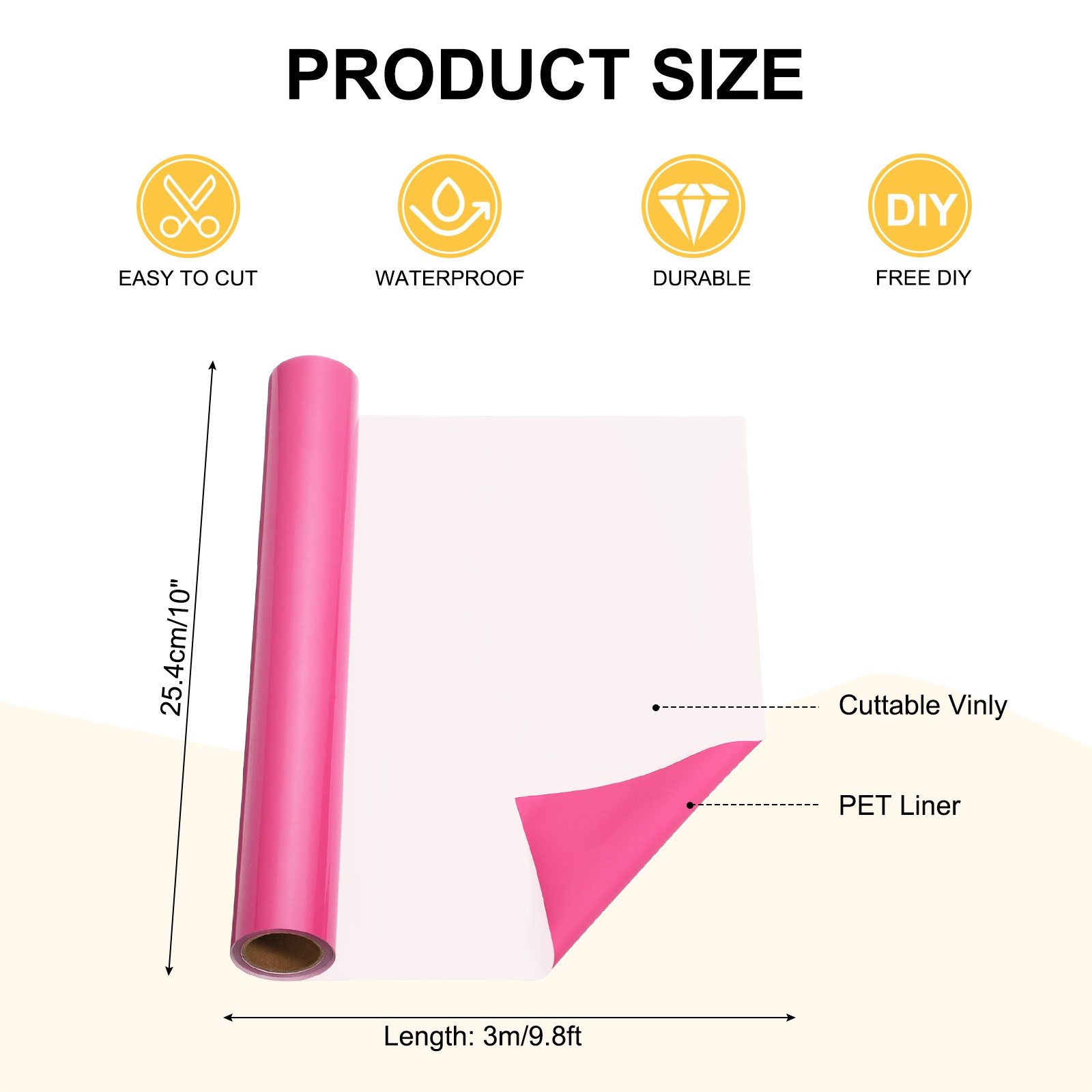 Fluorescent Pink Permanent Vinyl, 10 Inch x 9.8ft Vinyl Roll