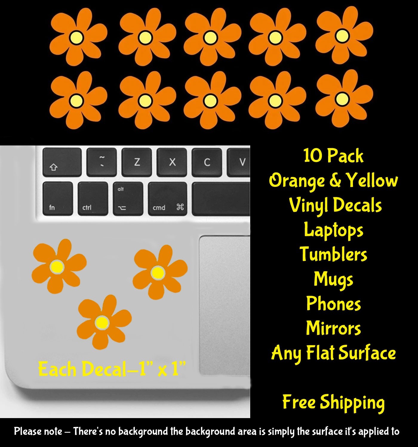 Daisy Hippie Flowers 12 PK 1" Orange & Yellow Vinyl Decals Any Flat Surface