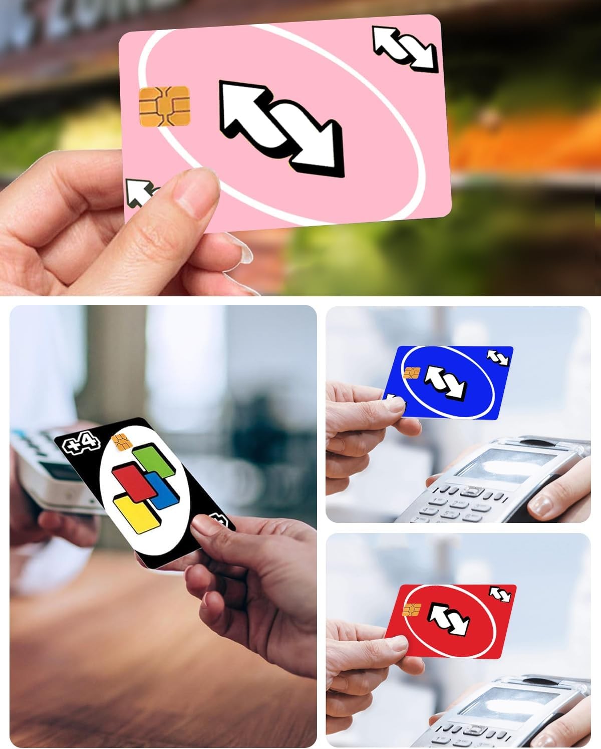 7-Pack UNO Card Credit Card Skin Stickers – Chip Cutout Only – Reverse, Skip, Wi