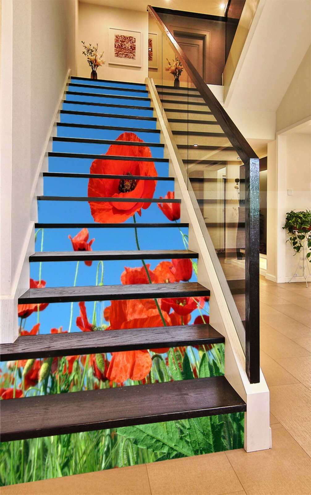 3D Red Flower ZHU425 Stair Risers Decoration Photo Mural Vinyl Wallpaper Zoe