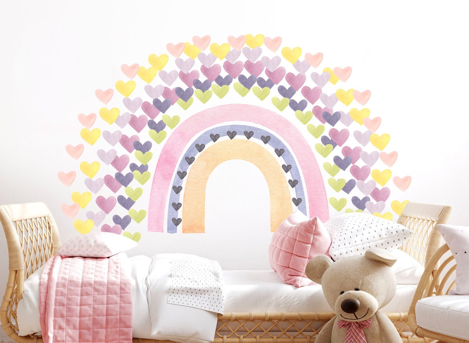 Watercolor Rainbow Love Heart Removable Wall Fabric Girl Room Decal Set Sticker