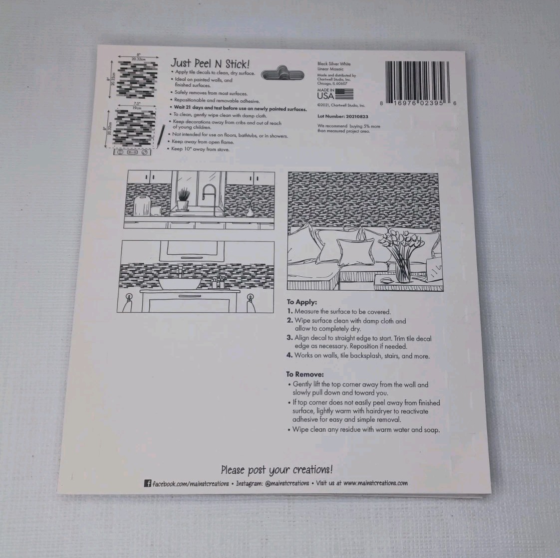 24 Main Street Wall Creations Peel & Stick Removable Tile Decals 8" x 8"