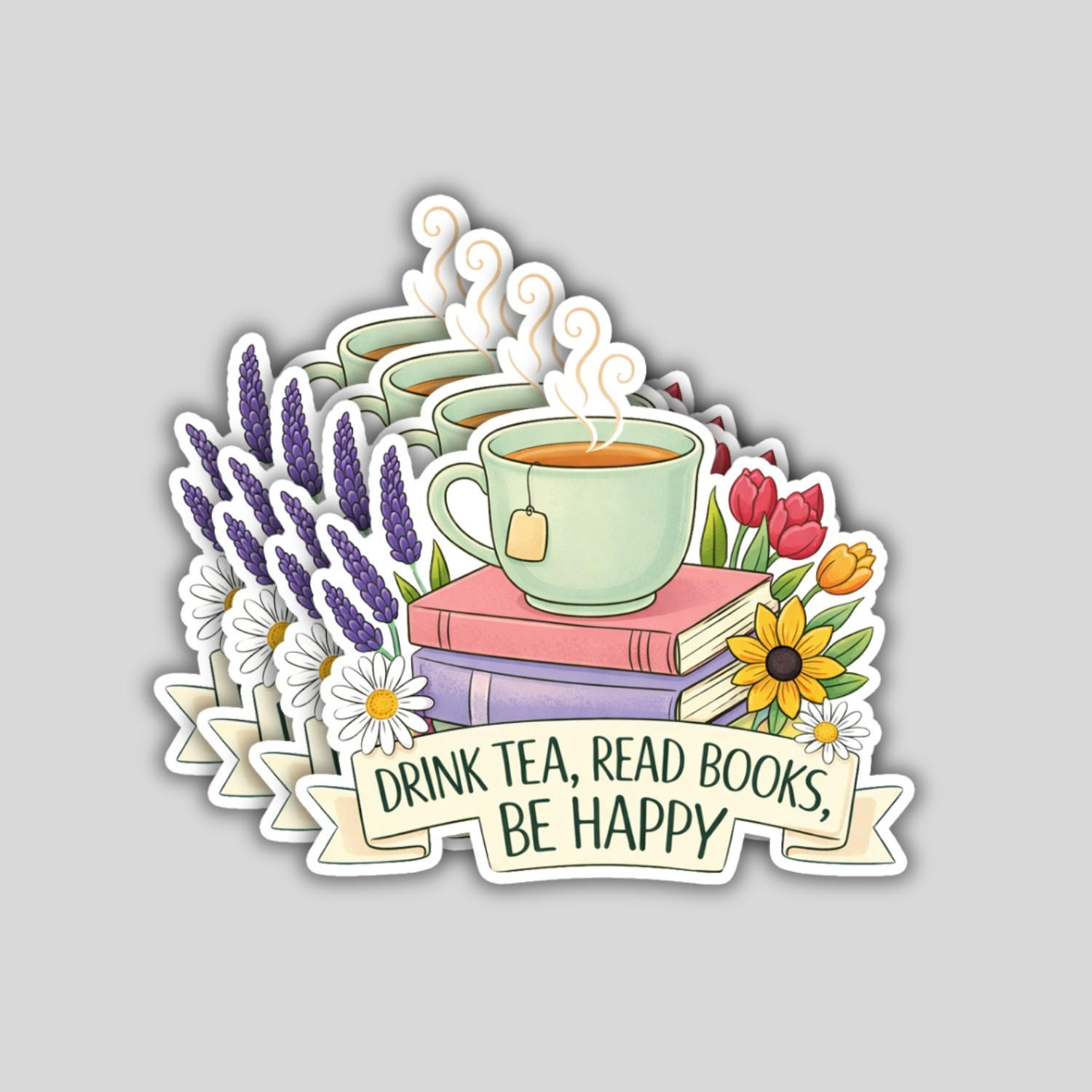 4PCS Drink Tea Read Books Be Happy Cozy Reading Vinyl Decal Stickers