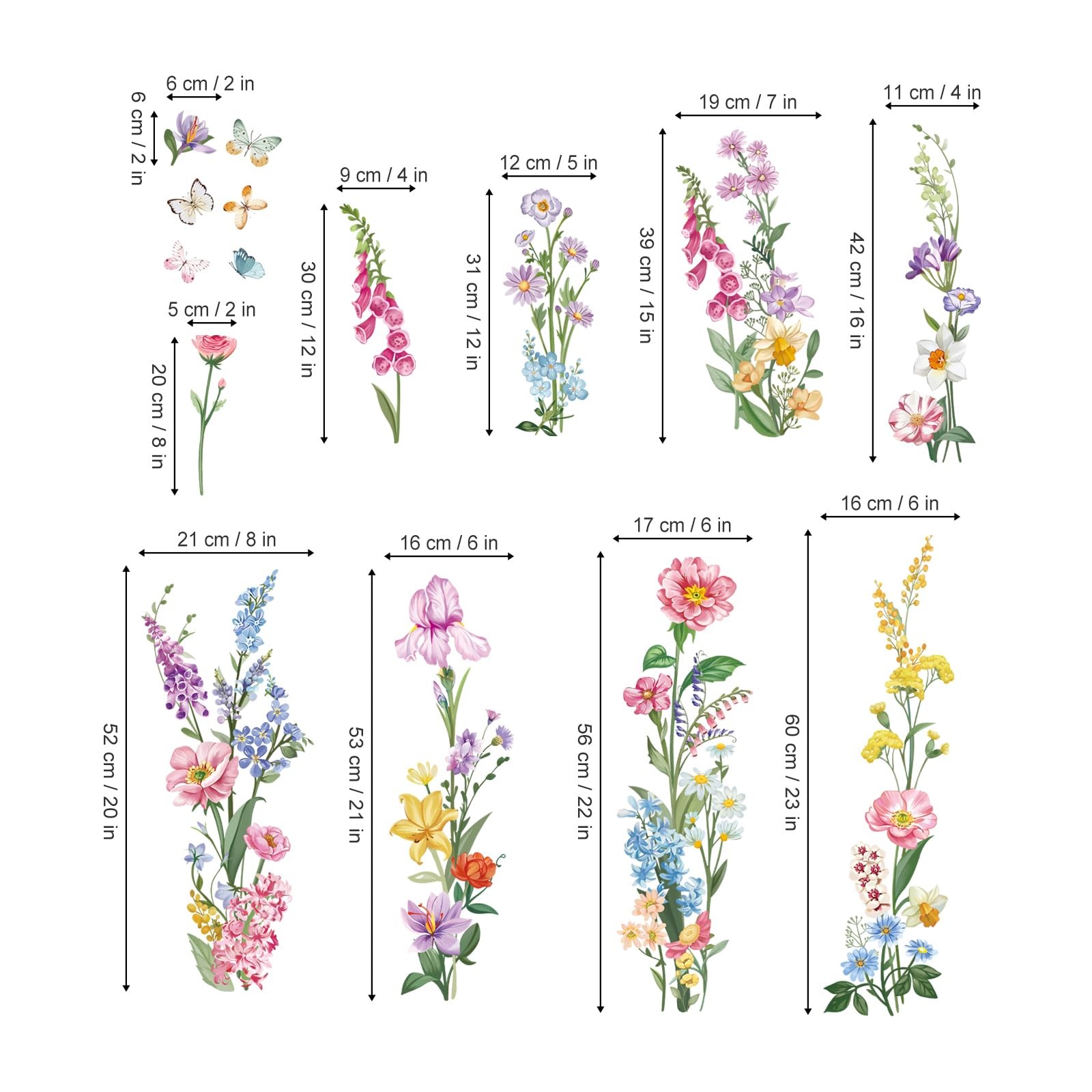 Garden Flower Wall Stickers Wildflower Iris Daisy Floral Butterflies Peel and…
