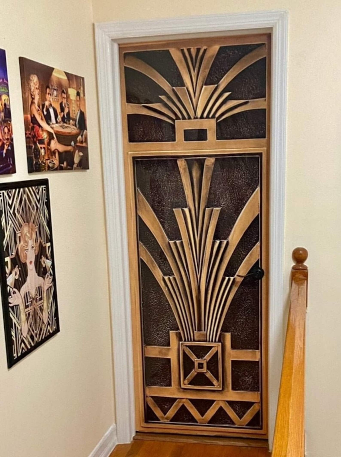 Art Deco Bronze Door Mural, Durable Laminated Sticker Cover, Single piece