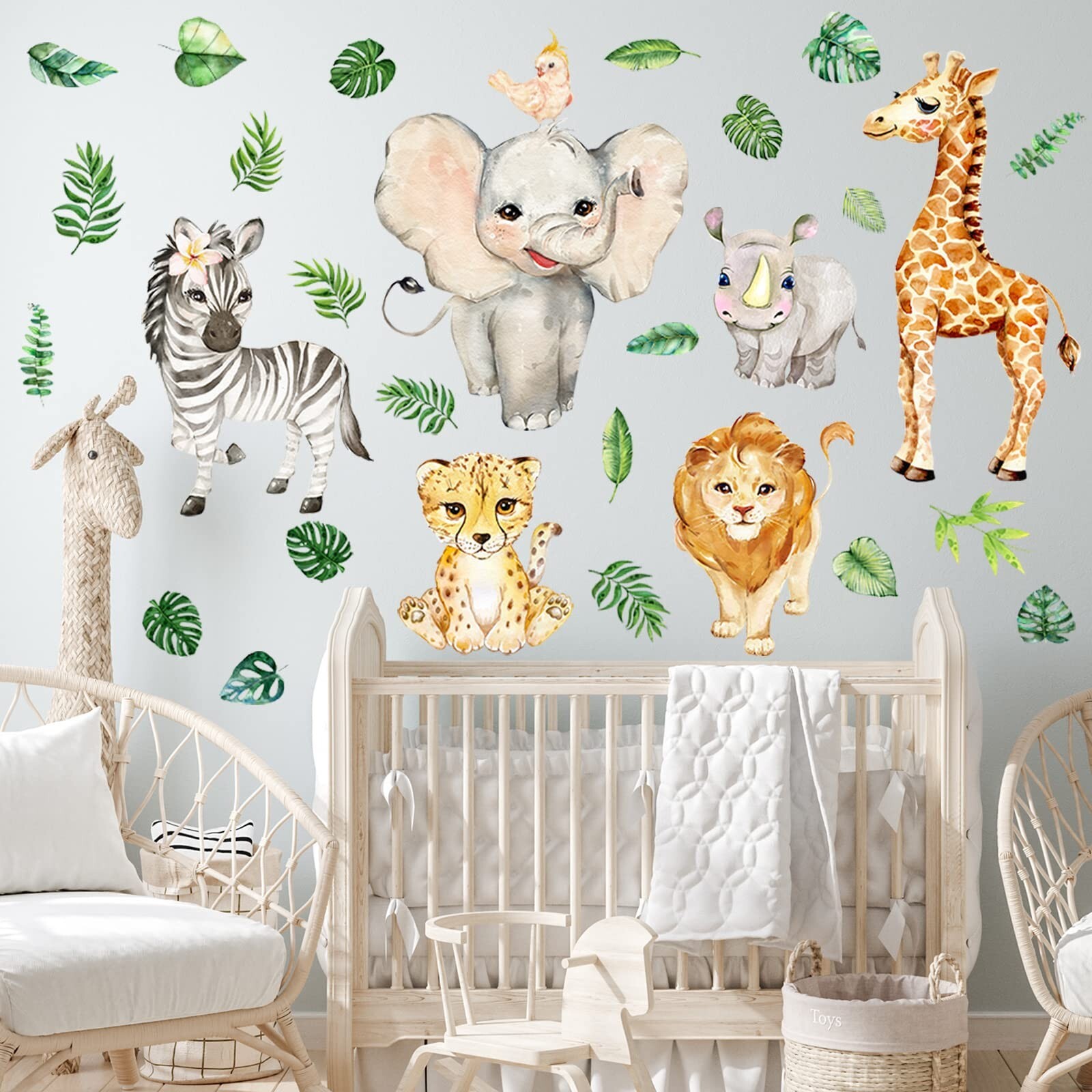 Colarr 2 Sheets Jungle Animals Sun Wall Decals Watercolor Safari Wall Sticker…
