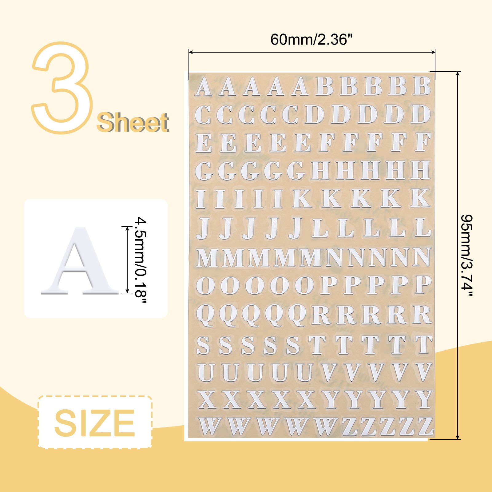 3 Sheets 4.5mm/0.18 Inch Mini Letter Stickers Uppercase A-Z Sticker Silver