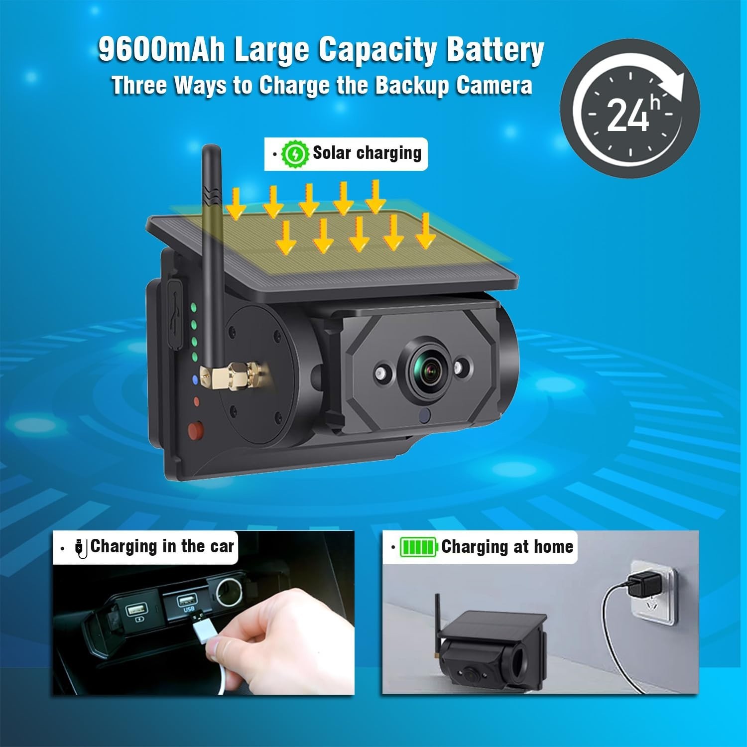 Magnetic Solar Wireless Backup Camera for 5"/7"/10" DVR – 1080P Rechargeable Rea
