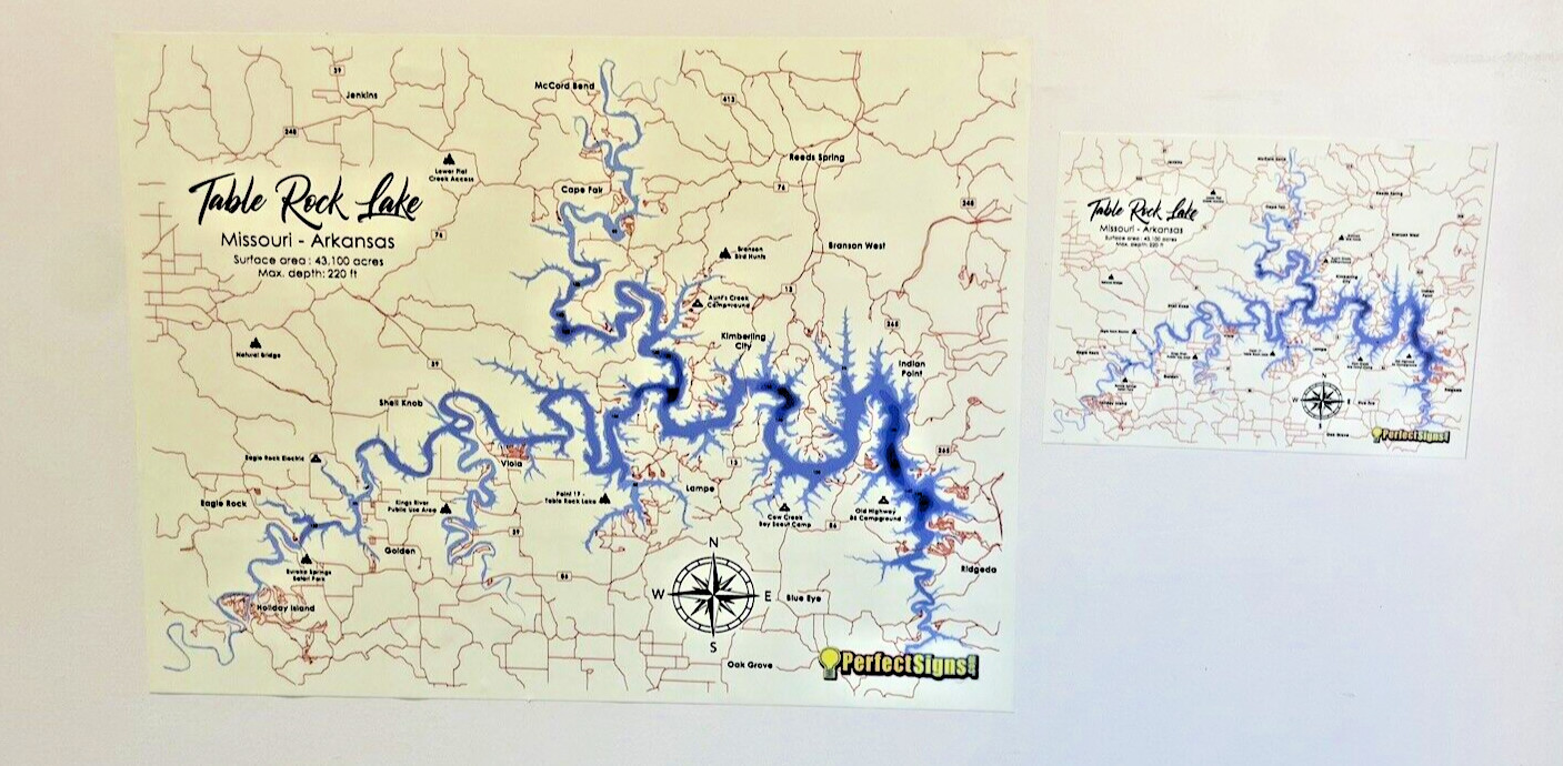 Table Rock Lake Map High Quality Canvas Self-Adhesive Print Easy to Apply