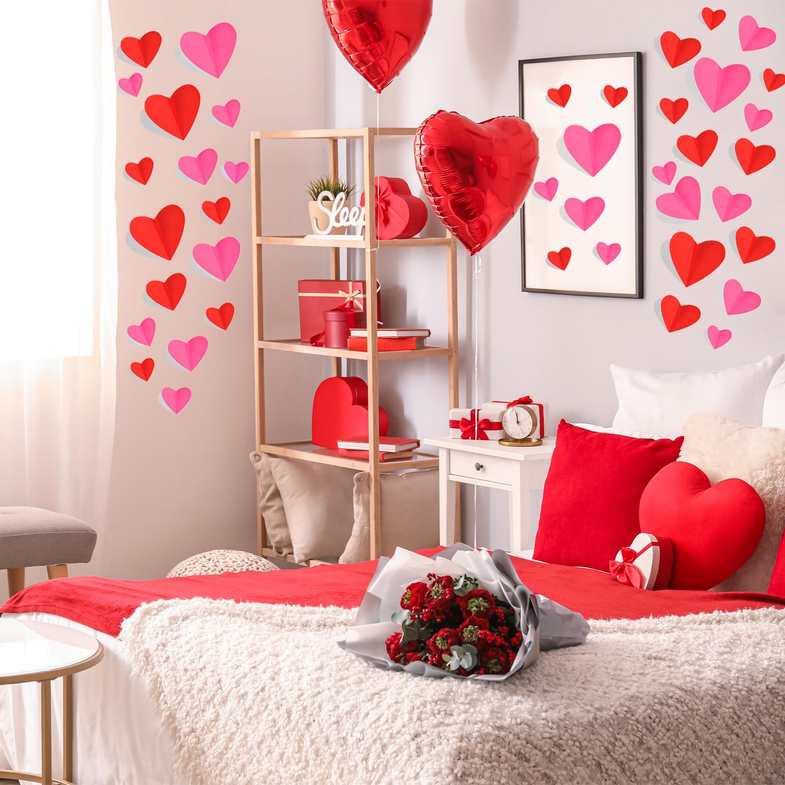 74 Pcs Valentine's Day Decoration, 3D Red and Pink Heart Valentine Wall Stick…