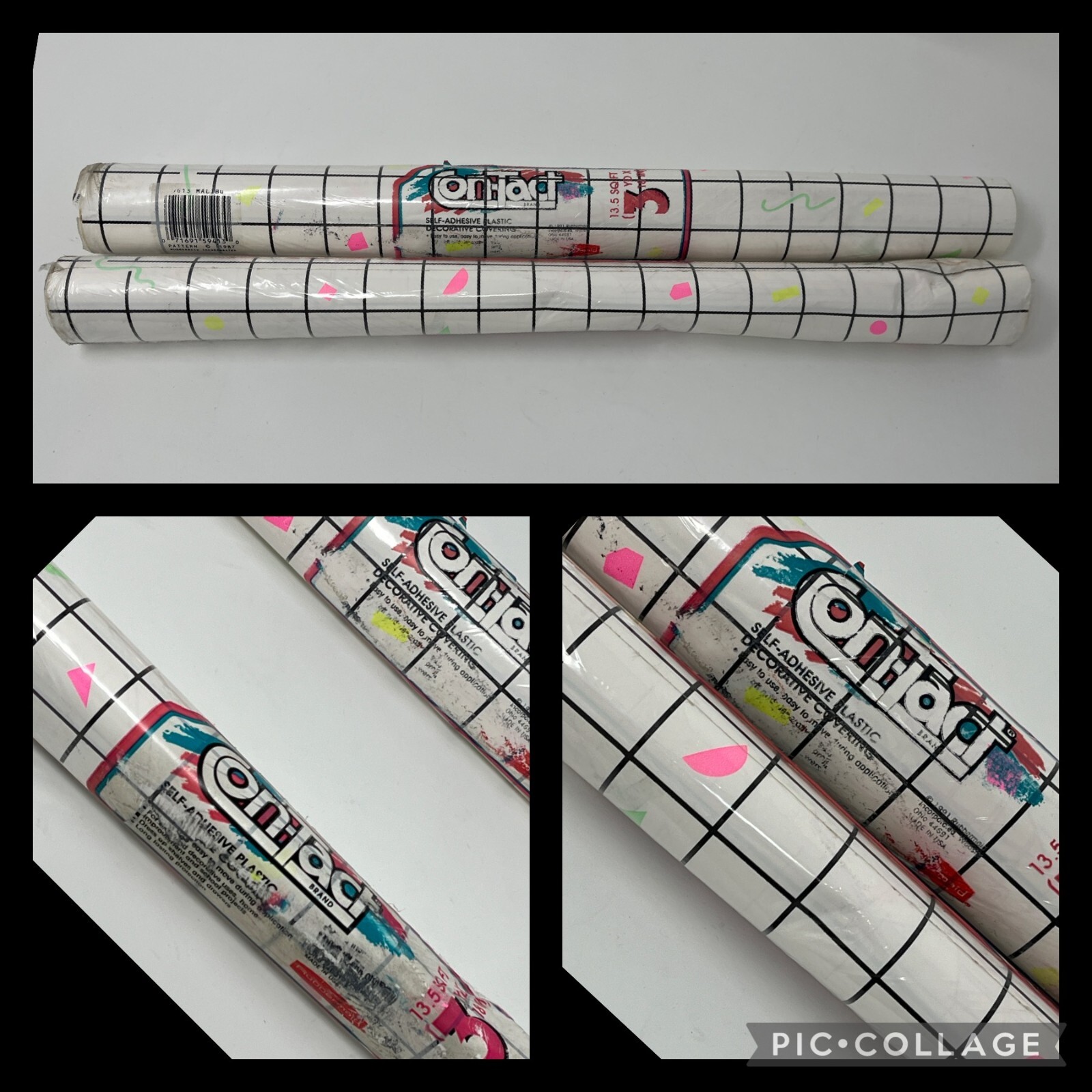 Vtg Con-tact Paper Self Adhesive Shelf Liner 80s Neon Geometric Grid Malibu 3yd