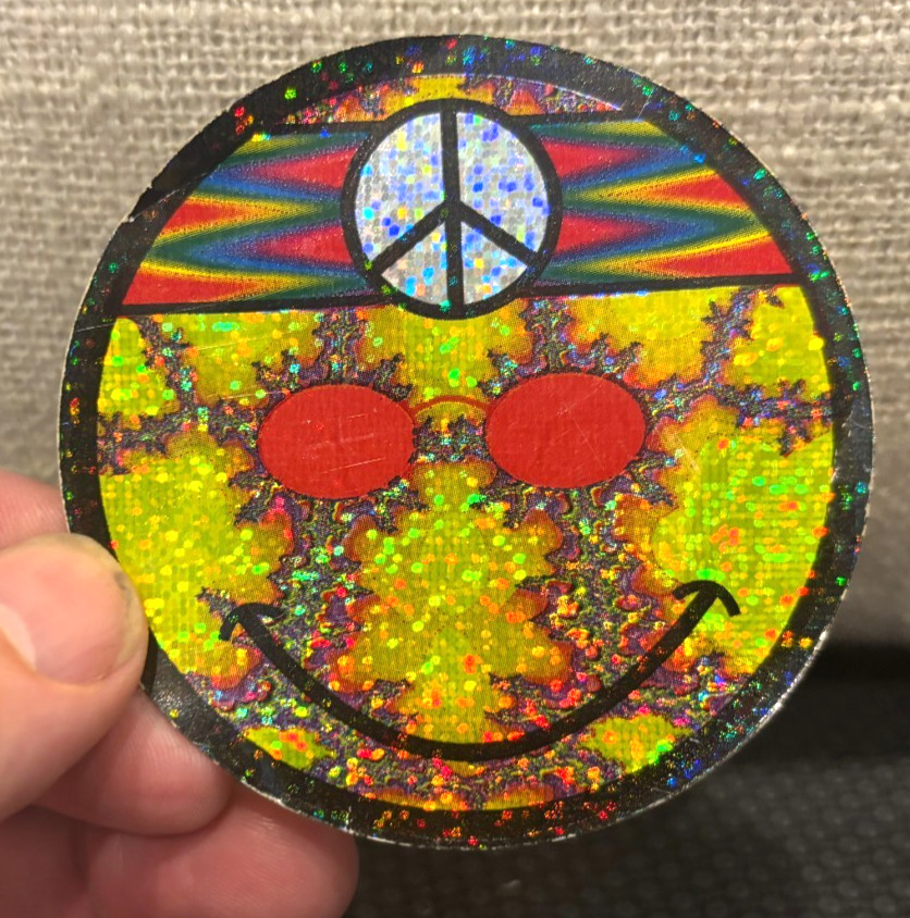 VTG! Smiley Face Hippie W/ Peace Sign Headband Sticker ~Yellow Prism Glitter 3"
