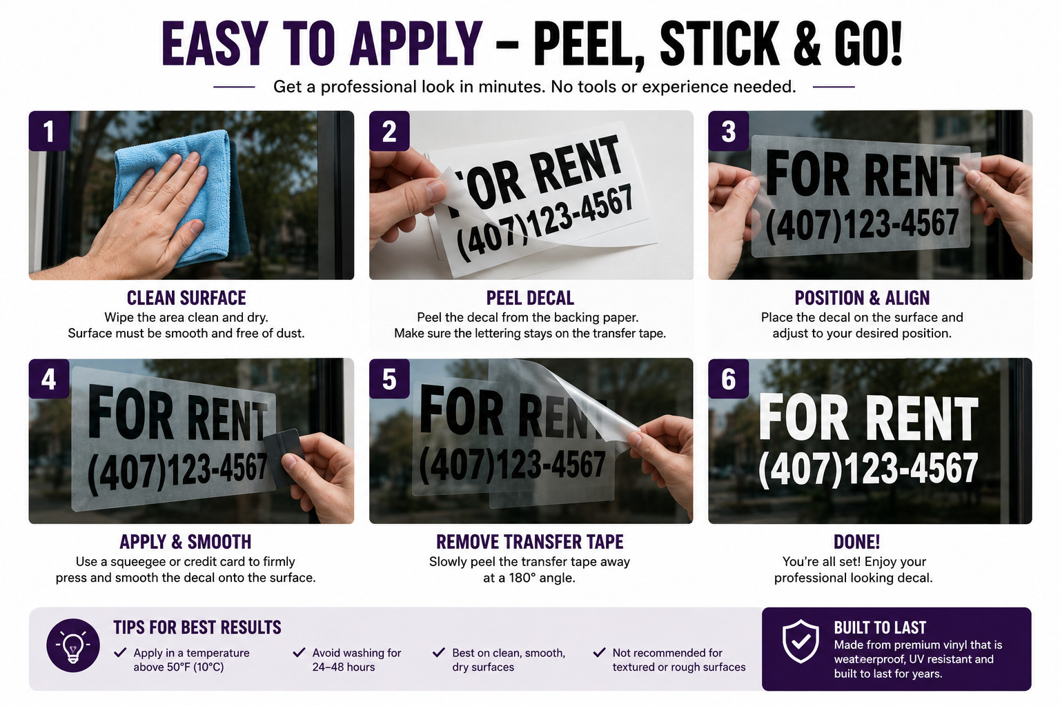 Custom For Rent Decal with Phone Number | Window Vinyl Sticker | Property Rental