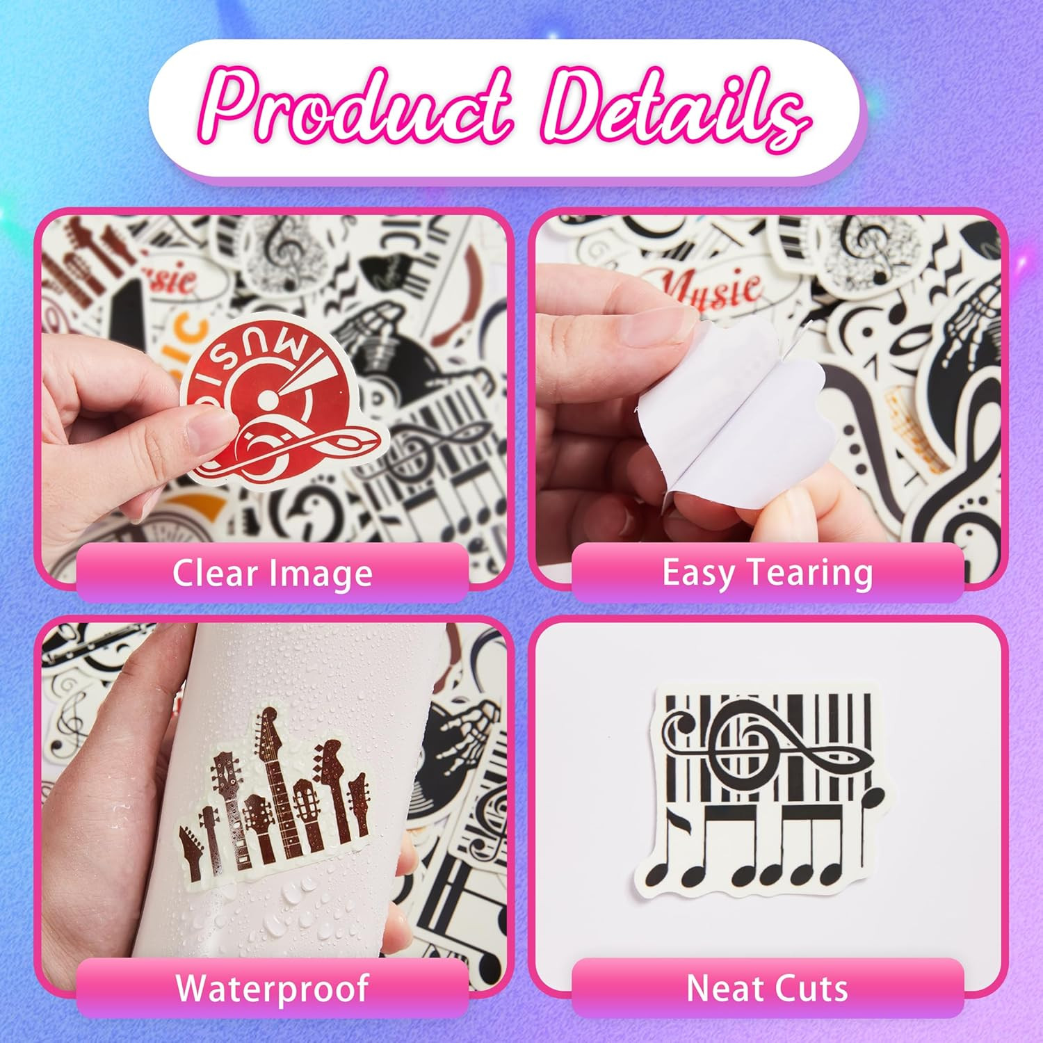 50 Pcs Music Stickers, Classic Vinyl Waterproof Decals for Water Bottles & Craft