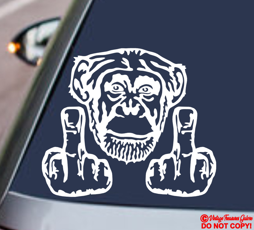 CHIMPANZEE MIDDLE FINGERS FLIP OFF ~ VINYL DECAL CAR REAR WINDOW BUMPER STICKER