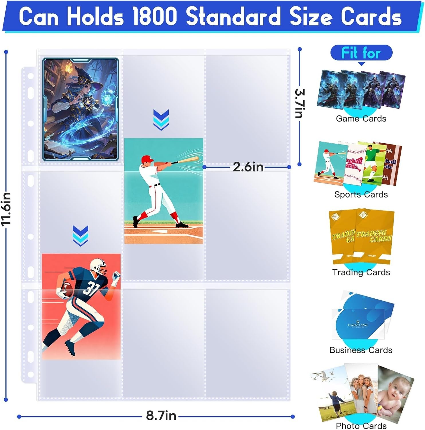 500 Pack Trading Card Sleeve Pages,9 Pockets Double Sided Binder Sheets for 3 Ri