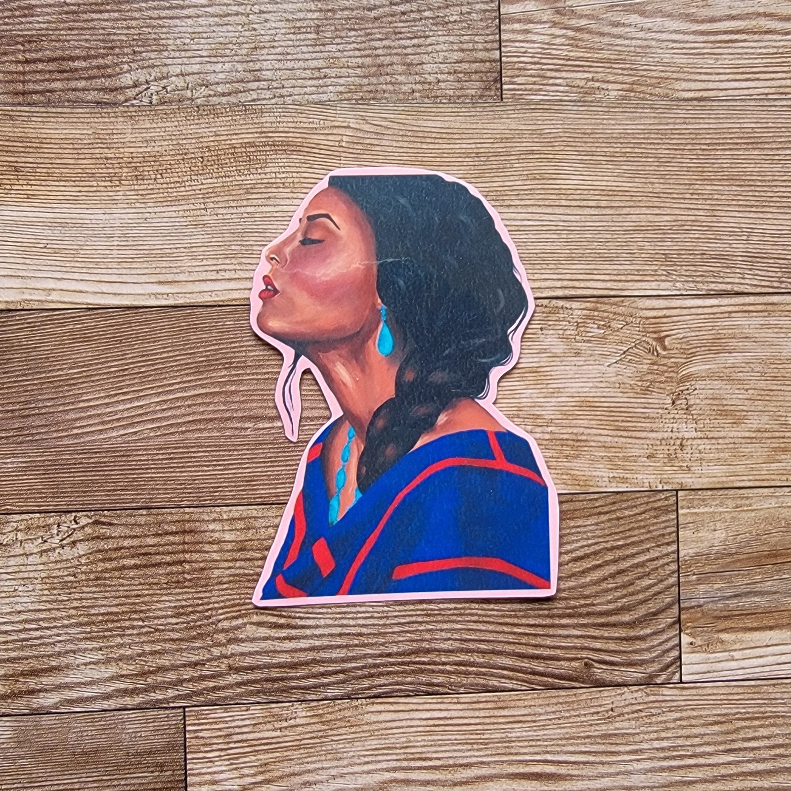 Mexican Woman Braided Hair Sticker of Original Painting Glossy Vinyl, Urban Art