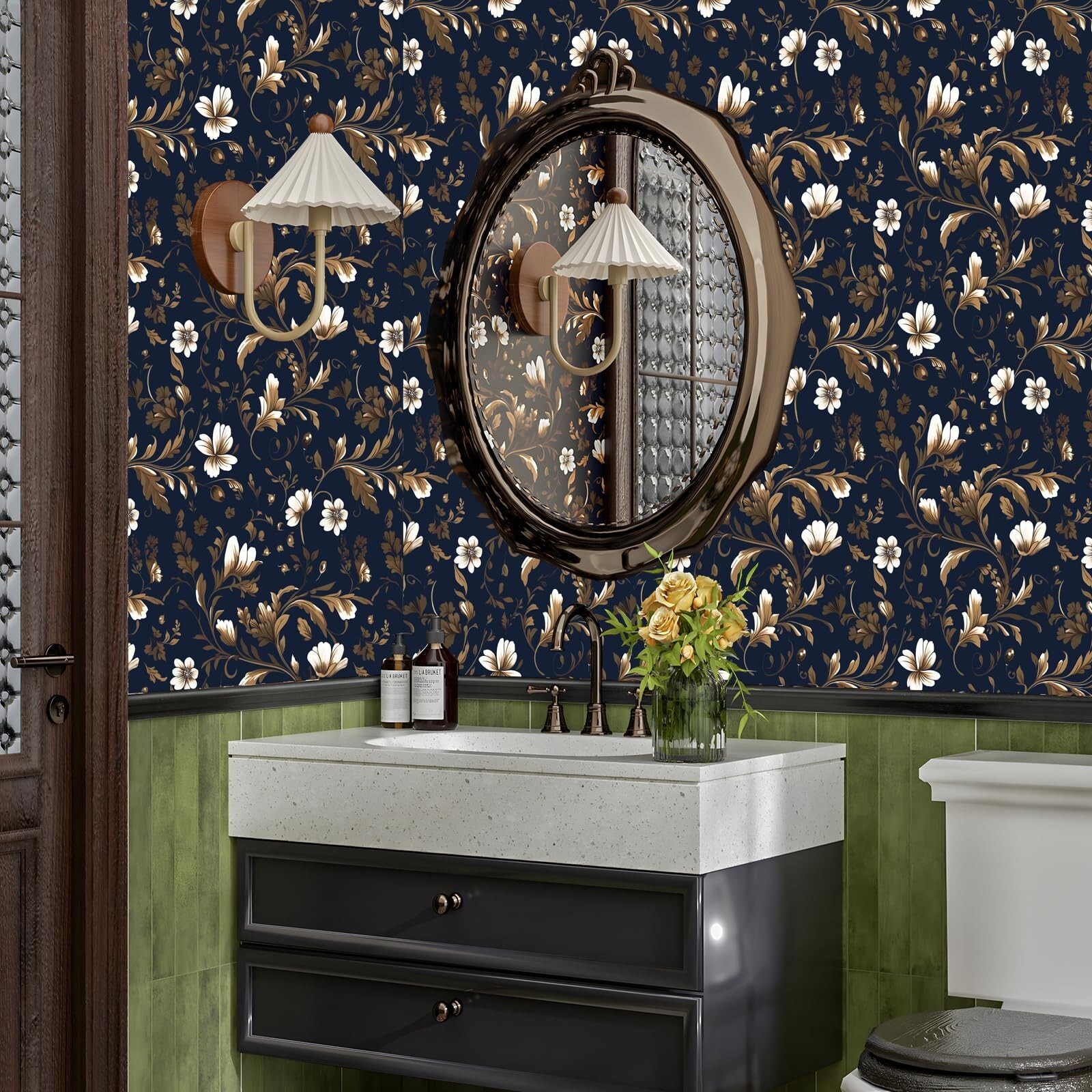 Gold Leaf Wallpaper Peel and Stick Vintage Leaf Contact Paper Dark Blue Flora…