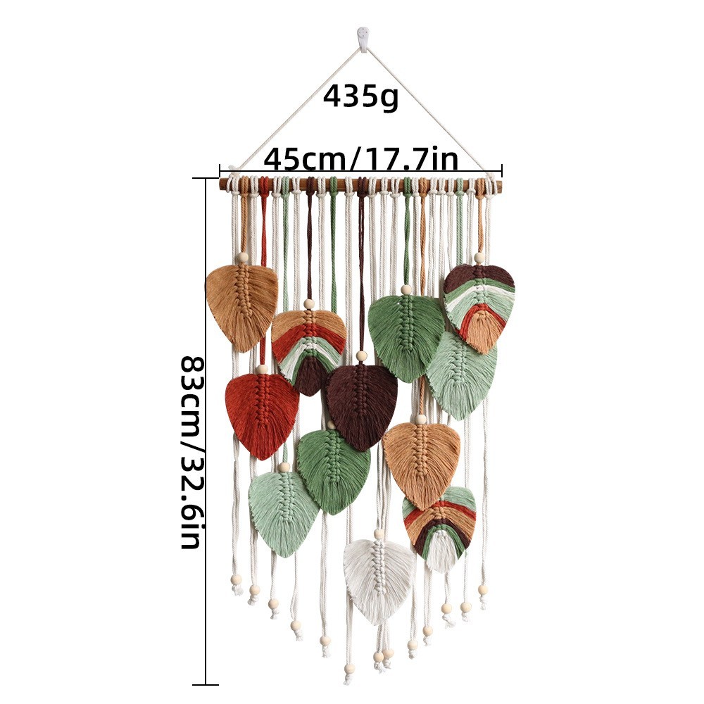 Bohemian Handwoven Cotton Tapestry with Leaf Design and Fringe for Wall Decor