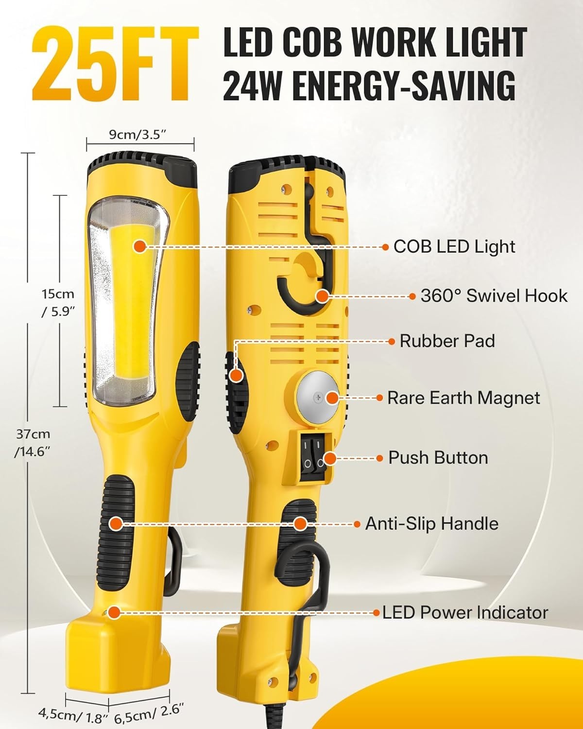 24W LED Work Light, 25FT 3000LM COB LED Light, Handheld Underhood Trouble Light