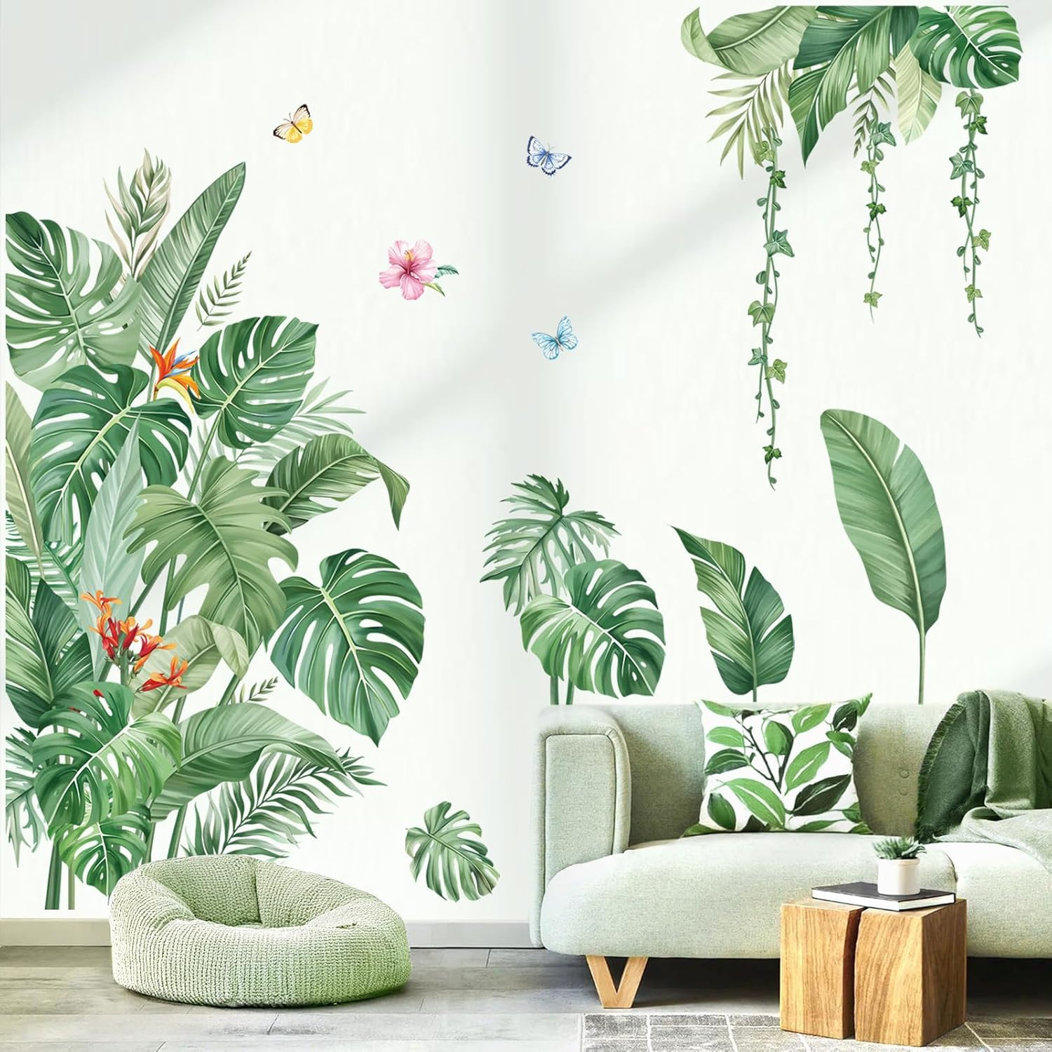 Large Green Leaves Wall Decals Tropical Palm Leaf Plant Wall Stickers for Living