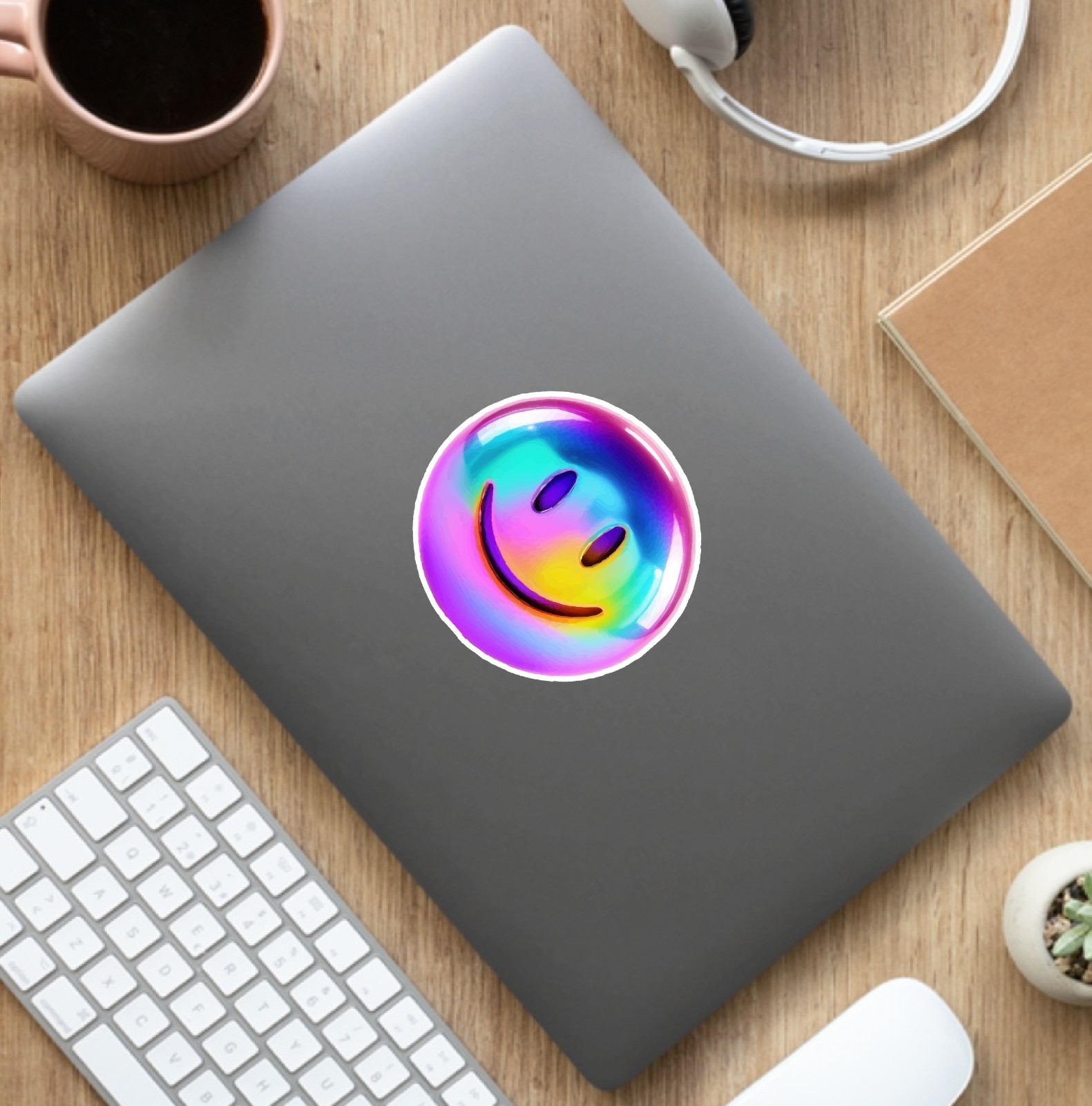 Multicolor Smiley Face (2 Stickers) 3.5in, Waterproof, Glossy Finish Vinyl.