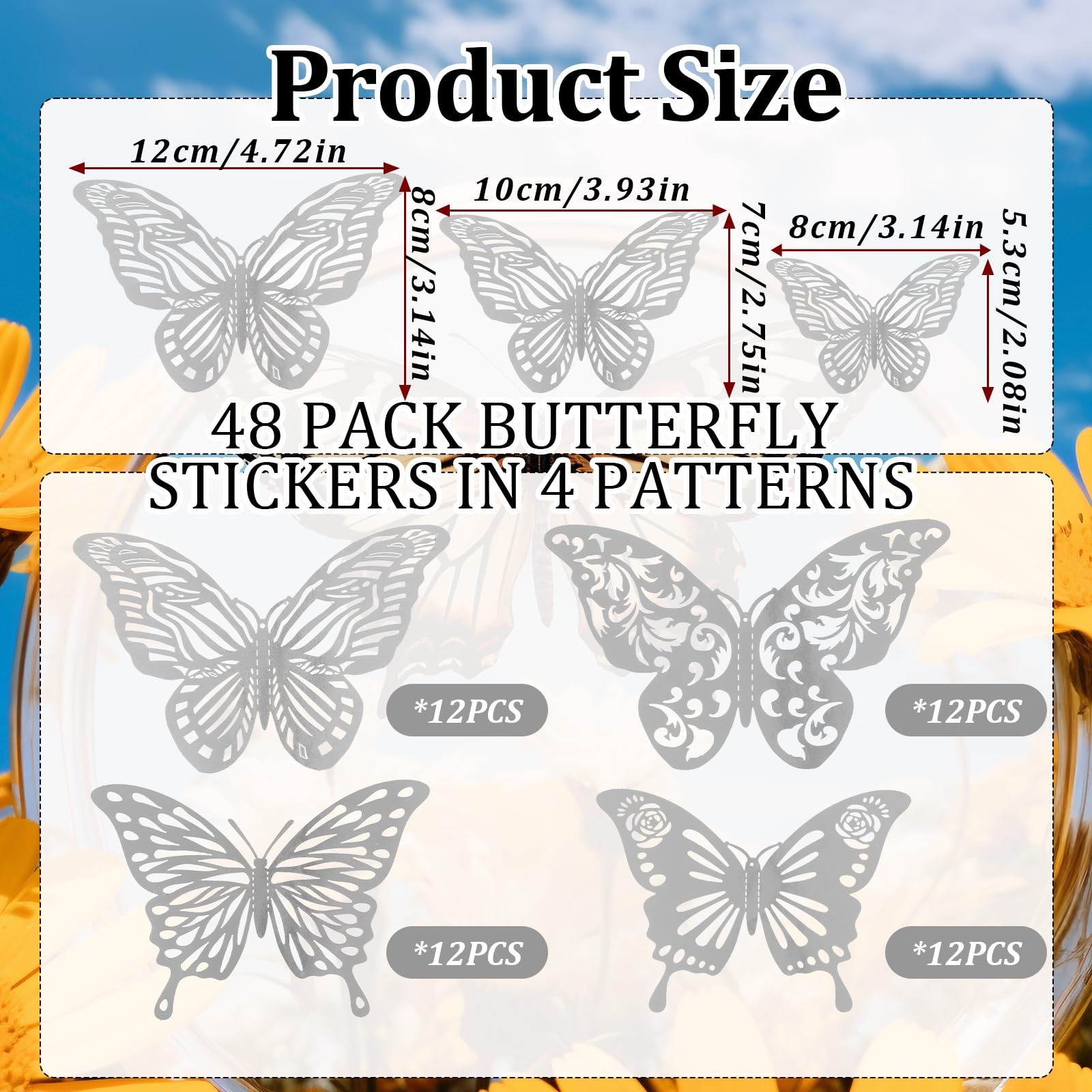 Thinp 48pcs Butterflies for Bouquets & Wall Decor – 4 Styles, 3 Sizes, Silver