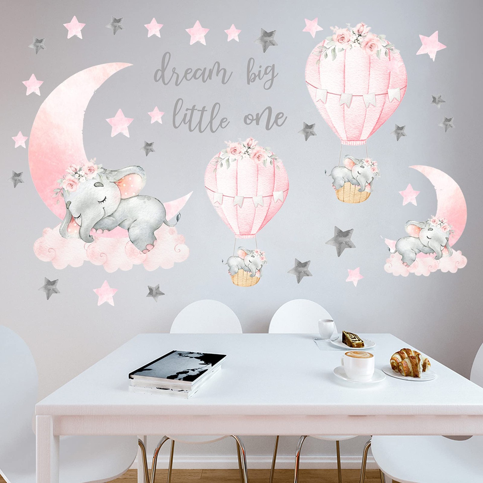 Dream Big Little One Elephant Wall Stickers, Pink Moon Hot Air Balloon Grey Star