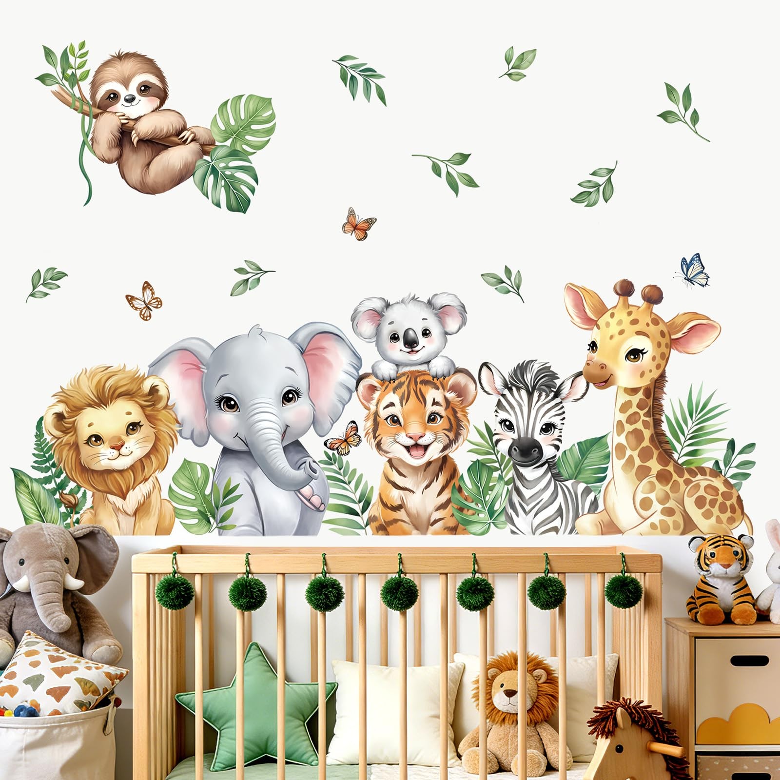 Jungle Animals Tropical Leaves Wall Stickers Safari Lion Giraffe Elephant Wal…