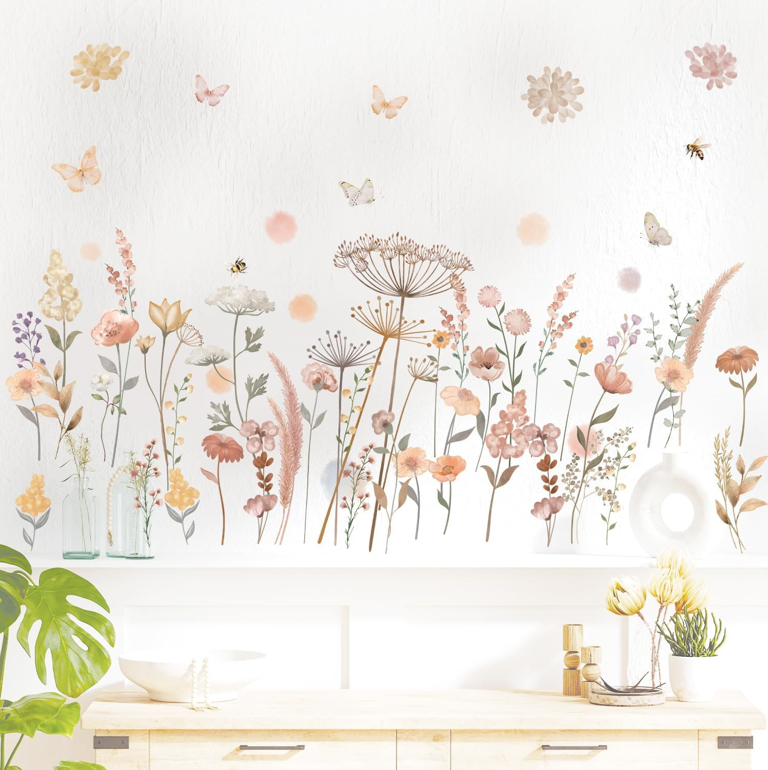 Boho Watercolor Flower Wall Decal Stickers Floral Wildflower Dandelion Peel