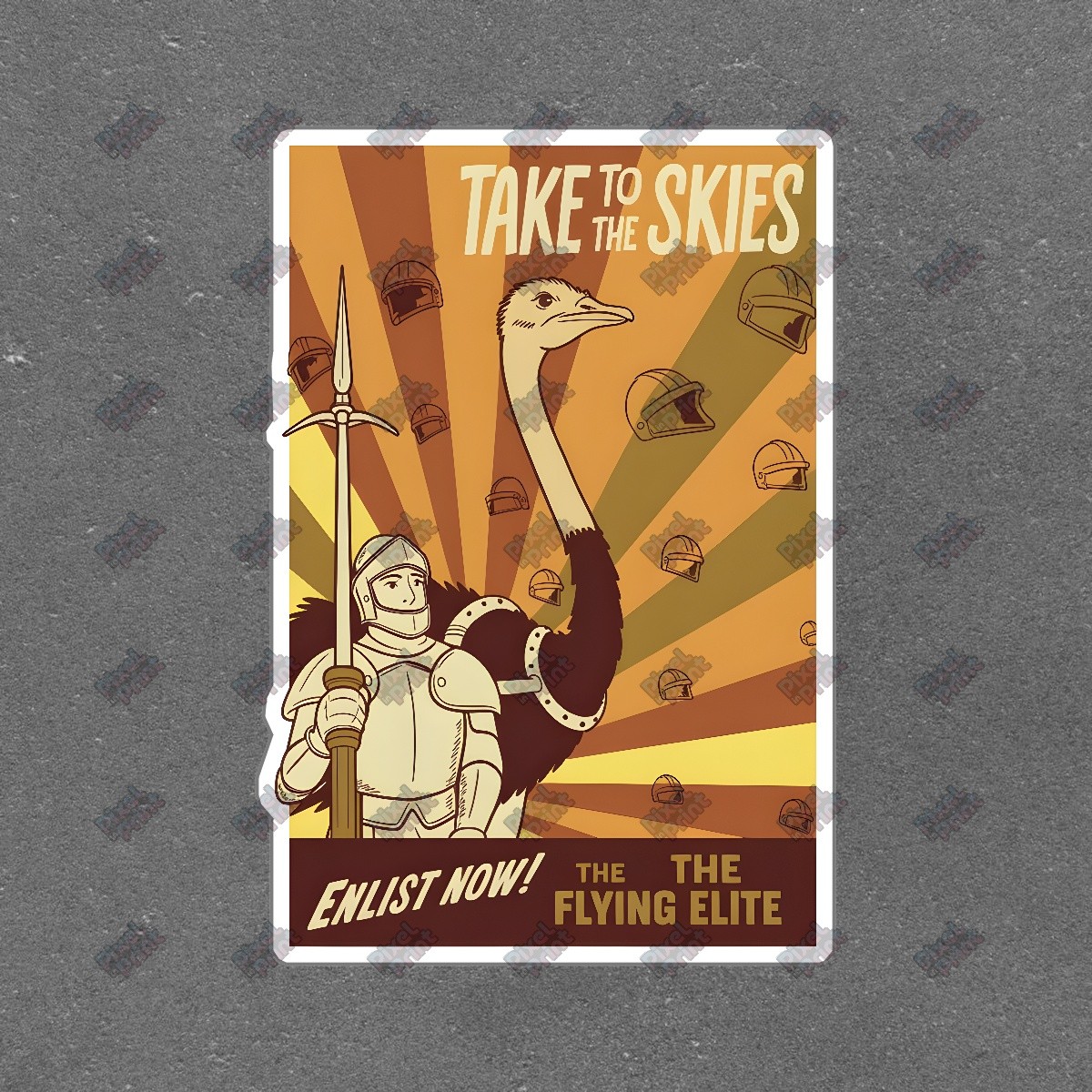 Vintage Knight and Ostrich Poster Take to the Skies Whimsical #8307