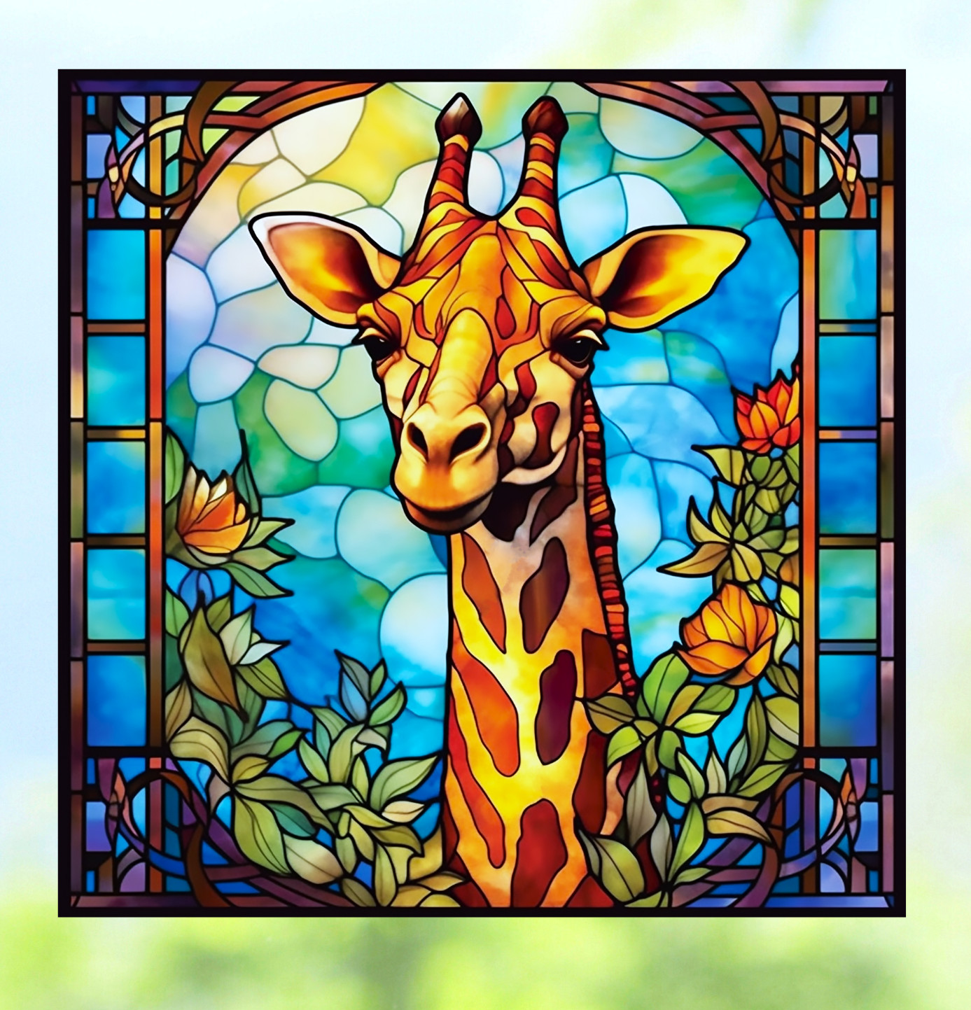 Giraffe Faux Stained-Glass WINDOW CLING Size 8" Square Repositionable Vinyl