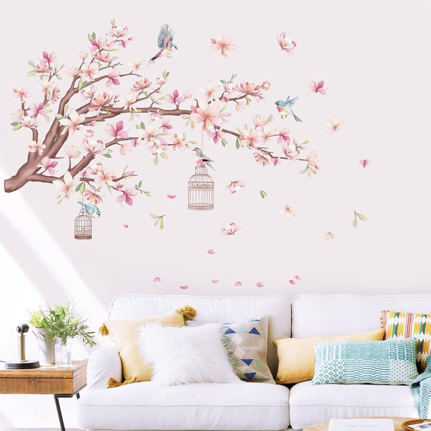 Cherry Blossom Flowers Wall Stickers Pink Magnolia Floral Tree Branch Birds Peel
