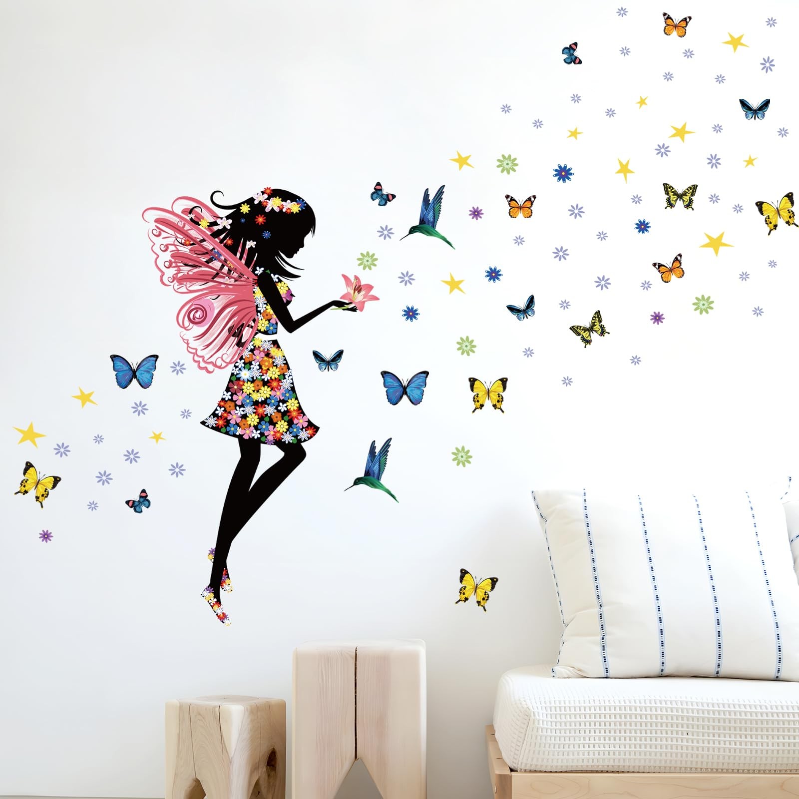 Butterfly Girl Wall Sticker – Colorful Fairy Wall Decal, Floral DIY Removable…