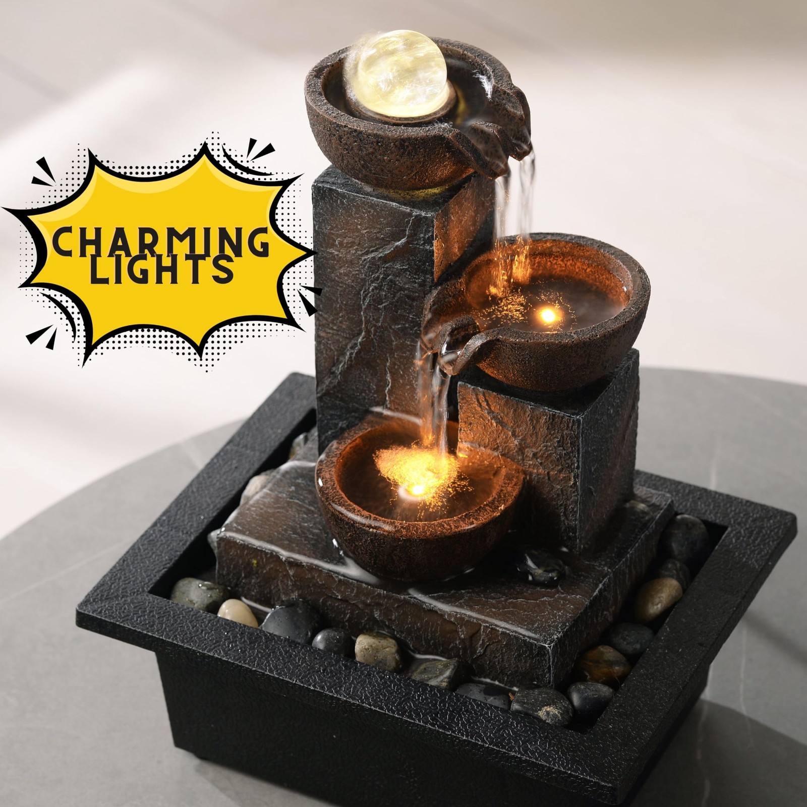 Three Bowls with Rotating Ball Flowing Tabletop Fountain Home Décor Indoor/
