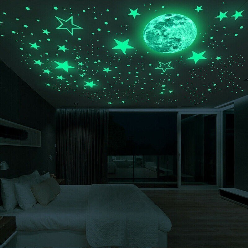 Luminous Blue Moon & Stars Wall Stickers Glow In The Dark Removable Decal Decor