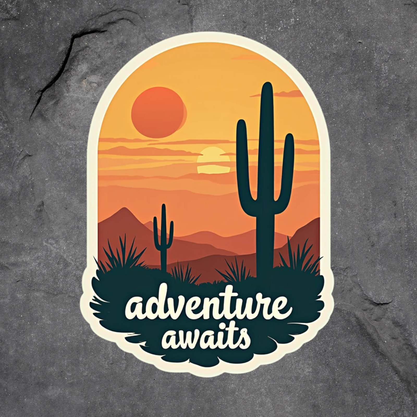 Camping sticker vinyl decal adventure awaits cactus desert sunset outdoors