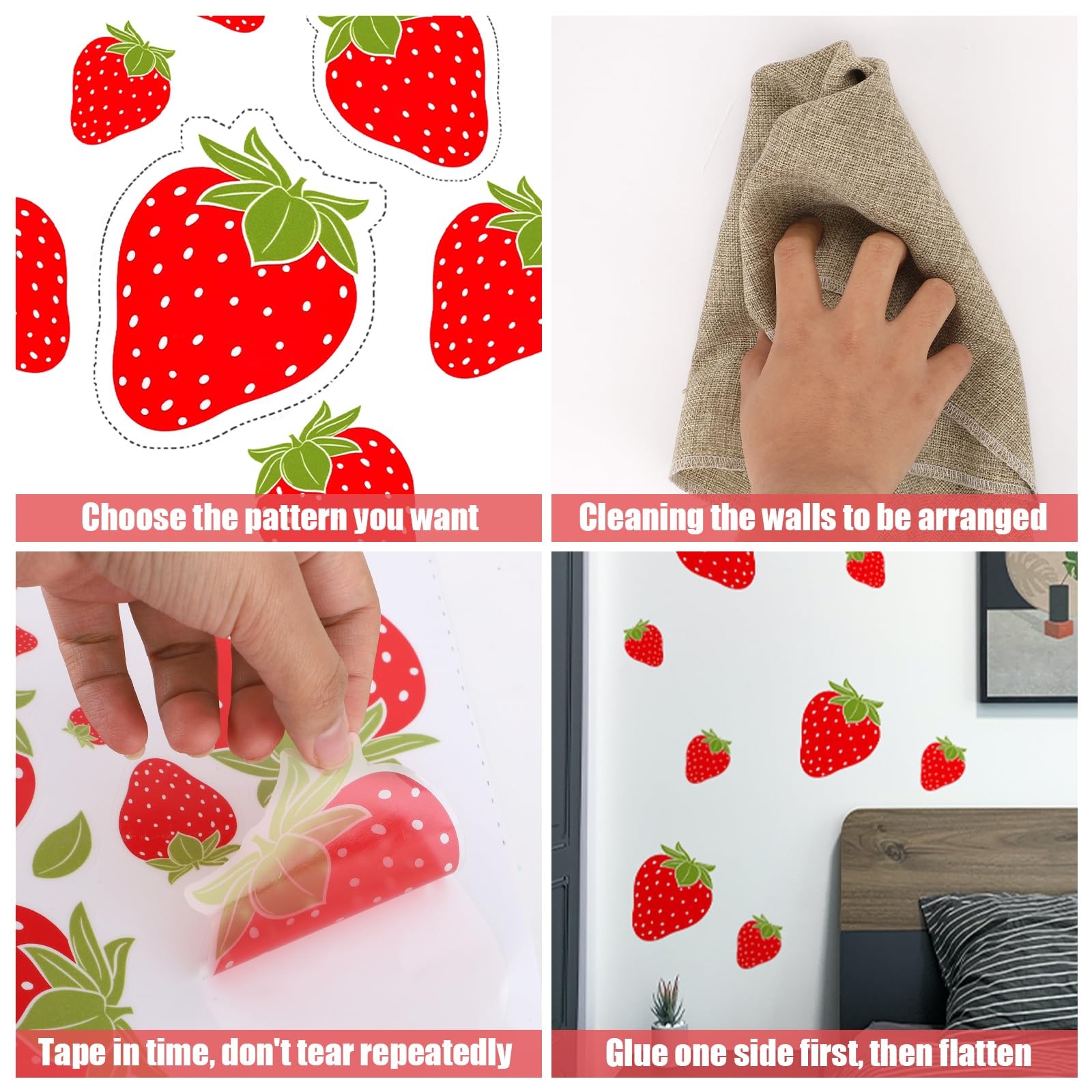 4 Sheets 92pcs Strawberry Wall Decals Removable Cute Fruit Stickers Waterproof