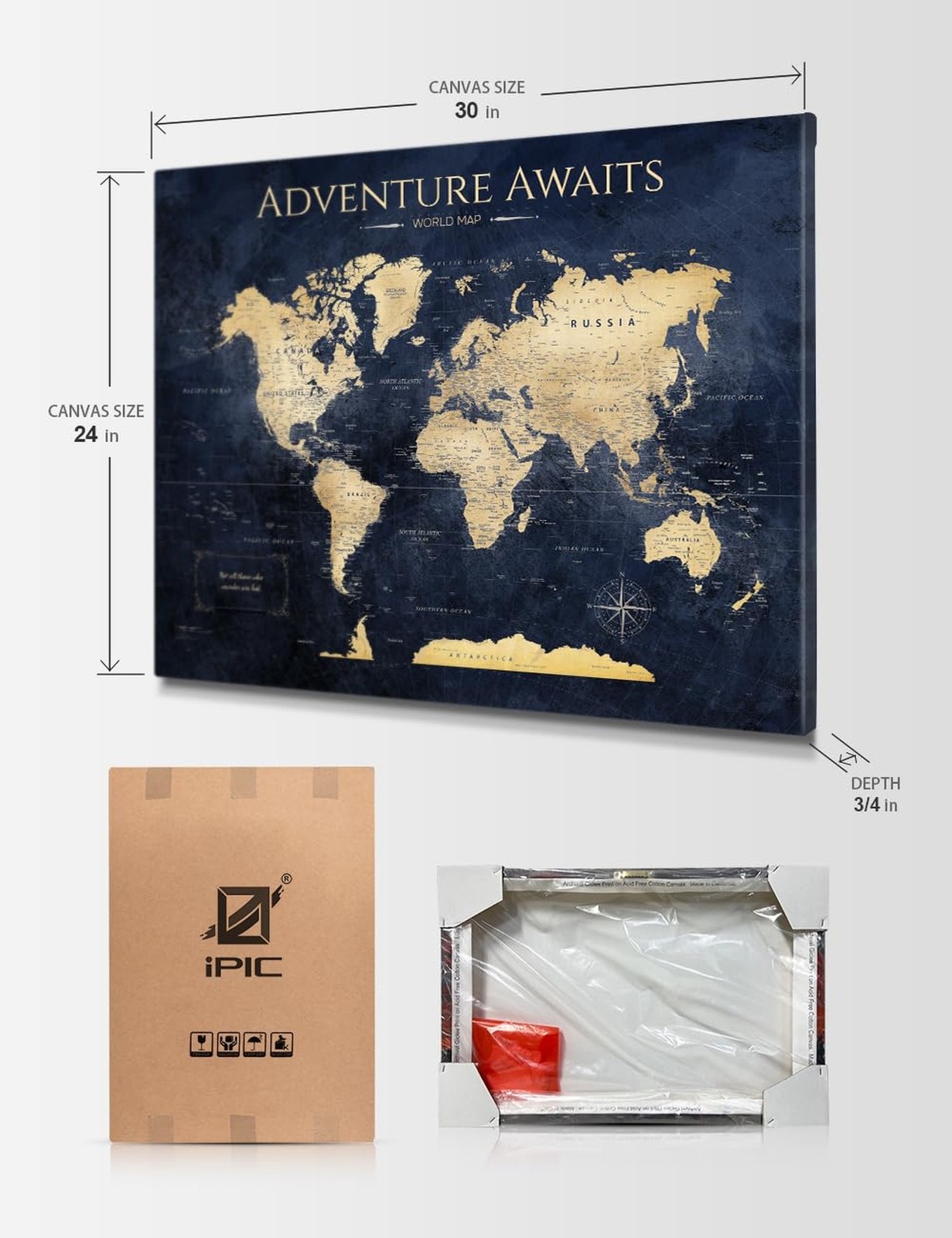 IPIC – World Map Canvas Painting for Wall Decor, Pinnable Travel Map, 30" x 2…